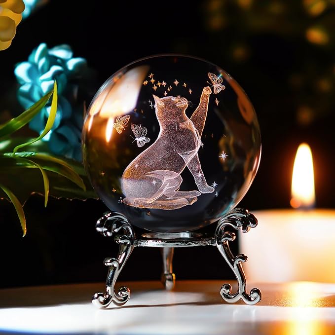 Stand 3D Laser Engraved Decorative Art glass Sphere Glass Ball Paperweight(2.5in,Clear)